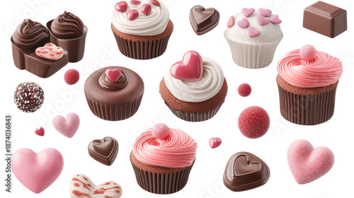 Valentine's day cupcakes and chocolates on transparent background