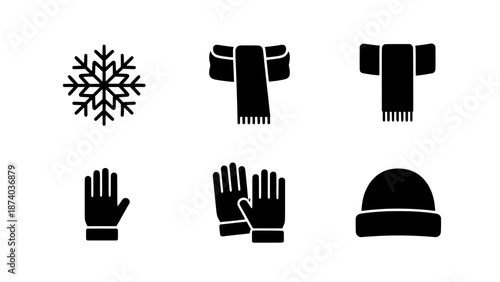 Winter Clothing Icons Snowflake, Scarf, Gloves, and Hat - Cold Weather Essentials