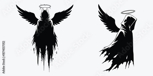 Dark angel silhouette vector set in black and white with wings and halo, gothic fantasy tattoo style and spiritual symbolism design