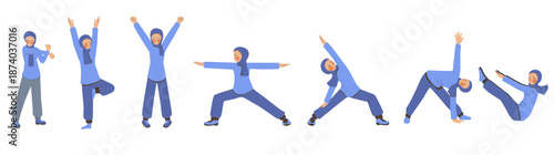 Illustration set of hijab woman doing yoga movement stretching sowing healthy lifestyle and exercise