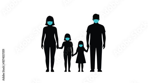 Silhouettes of family wearing protective medical masks for health safety