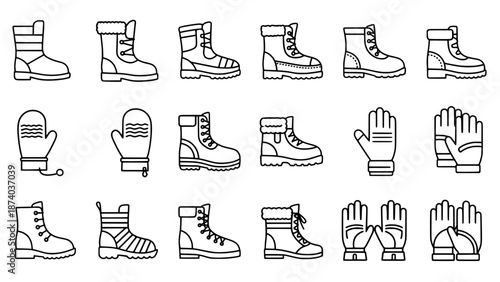 Diverse line art icon collection sturdy boots, work shoes, and protective gloves for outdoor wear