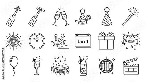 New Year's Eve Celebration Icons Set with Champagne, Party Hats, and Fireworks for Festive Designs