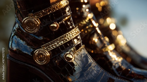 Close-up of glossy dark boots with golden embellishments, featuring straps and decorative hardware. Blurred background suggests natural light