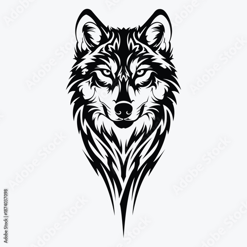 Wolf head tribal style vector illustration in black and white with fierce animal face, tattoo design and wildlife symbol concept