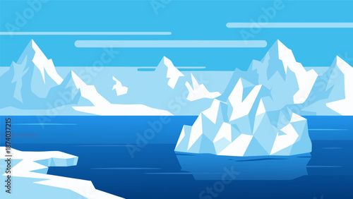 Abstract vector illustration of a serene arctic landscape with icebergs and snowy mountains