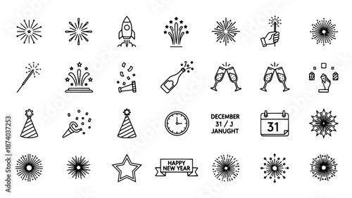 New Year's Eve celebration icons fireworks, champagne, hats, calendars, and sparklers