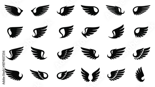Collection of diverse black stylized wing icons and design elements