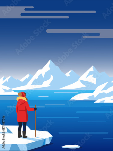 Arctic Expedition Vector Illustration A Lone Explorer Gazes at Snowy Mountains and Icy Waters
