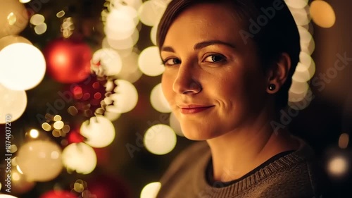 Womans Festive Gaze Amidst Twinkling Christmas Lights.