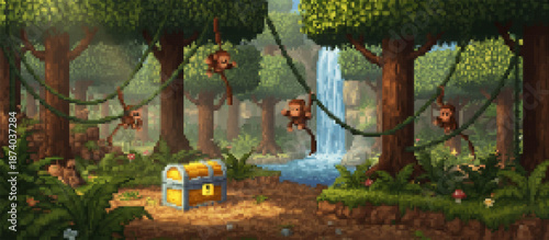 Vibrant pixel art of a lush jungle scene with playful monkeys swinging on vines, a hidden treasure chest on a path, and a serene waterfall flowing in the background