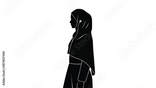 Minimalist profile silhouette of a Muslim woman in hijab with earbud