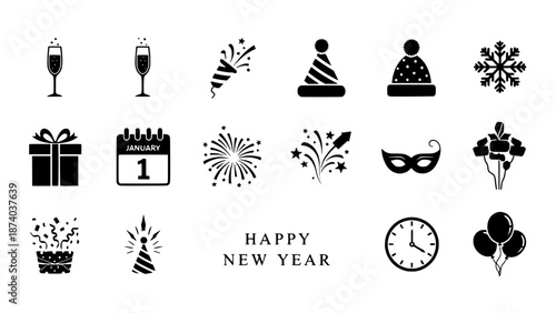 Happy New Year icons set Celebration, Holiday, Party, Gift, Calendar, Snowflake, Mask, Hat, Clock