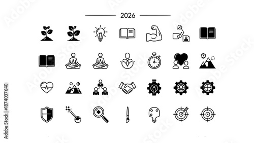 Integrated set of business growth, personal development, and success icons for 2026 planning