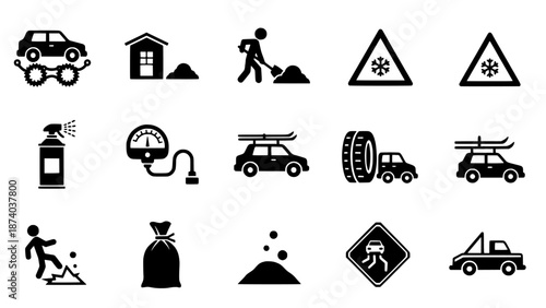 Monochrome vector icons representing essential winter vehicle care, snow removal, and road safety