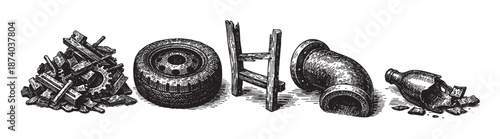 A vintage black and white ink drawing illustrates a collection of discarded items including broken wood, a tire, pipes, and a shattered bottle, suggesting waste and decay.