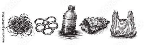 A black and white ink drawing in a vintage style depicts a collection of discarded plastic items, including tangled lines, a plastic bottle holder, a plastic bottle, a crumpled plastic bag, and a rock