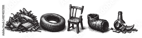A vintage black and white ink drawing illustrates a collection of discarded items including broken wood, a tire, pipes, and a shattered bottle, suggesting waste and decay.