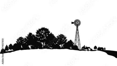 Black and White Rural Farm Landscape Silhouette with Windmill and Tractor