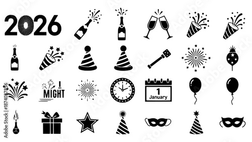 Comprehensive black and white vector icon set for New Year's 2026 celebration, featuring festive party elements and countdown symbols