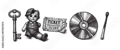 A monochrome engraving style illustration features a collection of vintage objects including a key, a broken doll, a torn ticket, a cracked CD, and a match, set against a white background.