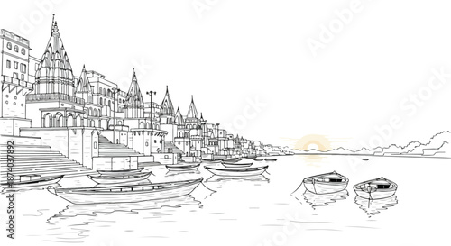Hand drawn panorama sketch of a serene cityscape with boats on a body of water at sunset, featuring a mix of buildings and spires in a simple, illustrative style.