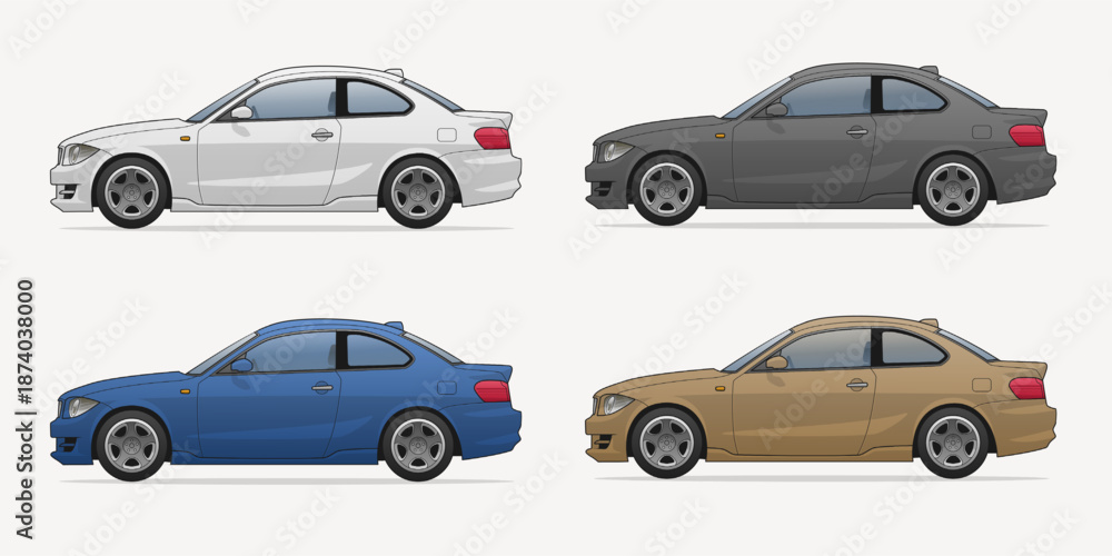 Naklejka premium Detailed side-view coupe car illustration, clean vector style, ideal for automotive branding and dealership ads, EPS format.