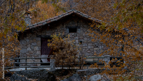 Cabaña rústica de piedra rodeada de árboles con follaje naranja intenso en otoño.
