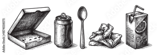 A vintage sketch displays a collection of fast food and drink items including an open pizza box, a soda can, a spoon, chicken wings, and a juice box with a straw.