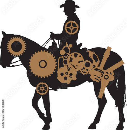 Steampunk Cowboy Silhouette Riding Horse with Mechanical Clockwork Gears