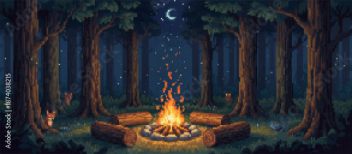 Charming pixel art illustration of forest animals, an owl and two foxes, gathered around a crackling campfire under a starry night sky in a serene forest