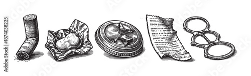 A vintage black and white illustration features a collection of objects, including a cigarette butt, a wrapped candy, a coin, a torn piece of paper, and knuckle dusters.