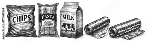 A collection of vintage food packaging including chips, pasta, milk, and cans, rendered in a classic black and white engraving style perfect for retro or culinary themes.
