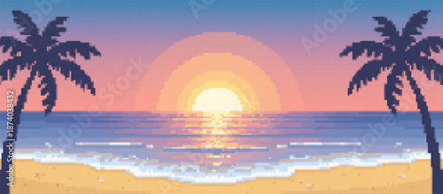 Vibrant pixel art sunset over a tranquil tropical beach, with two palm trees framing the scene. Ocean waves gently kiss the sandy shore under a gradient sky