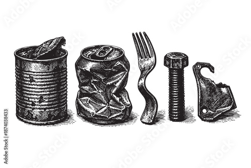 A vintage black and white illustration depicts a still life arrangement of various discarded items including crushed cans, a bent fork, a bolt, and a broken piece of metal.