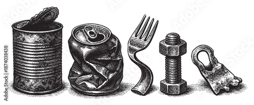 This black and white illustration features various discarded metal objects arranged in a row, including a dented tin can, a crumpled soda can, a bent fork, a bolt and nut, and a broken metal piece.