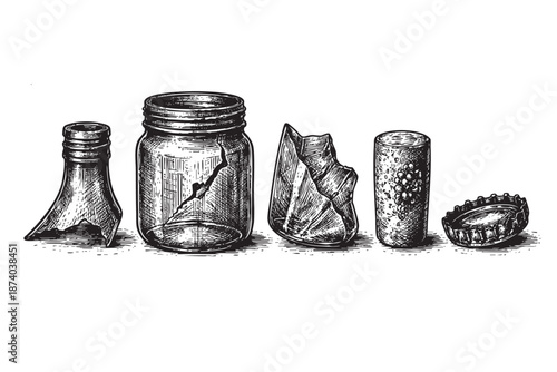 A stark black and white illustration of broken glass items including a bottle neck, a cracked mason jar, a sharp shard, a cork, and a bottle cap, rendered in a vintage woodcut style.