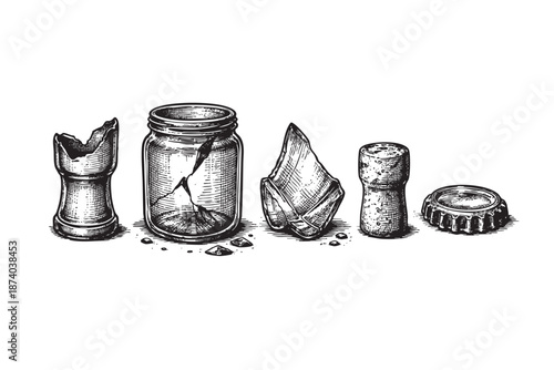 This black and white illustration features a collection of broken glass objects, including a jar, shards, and a bottle cap, all rendered in a detailed, vintage engraving style.
