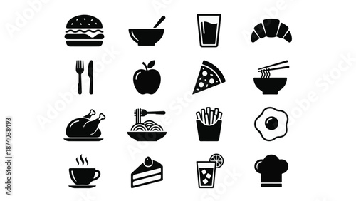 Collection of diverse food and beverage icons on white background