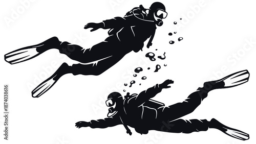 Black and white illustration of two scuba divers swimming with bubbles