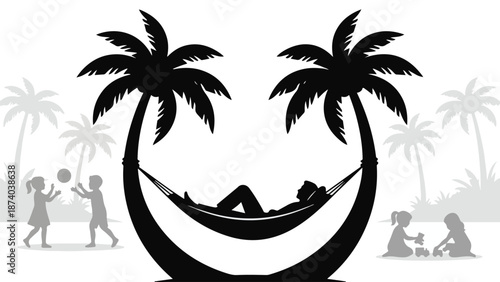 Summer vacation silhouette: parent relaxing in hammock, children playing on beach