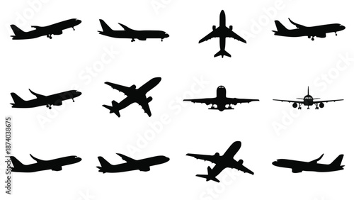 Black airplane silhouettes collection on clean white background