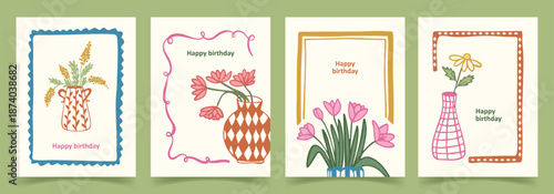 Happy birthday greeting cards set with hand drawn flowers in vases, naive art floral postcard collection, botanical doodle illustrations