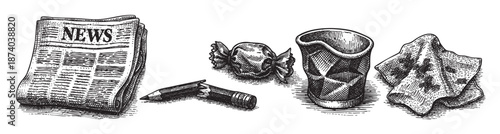 Black and white illustration of newspaper, candy, broken pencil, glass, and crumpled napkin against a white background, depicting everyday objects in a vintage style.