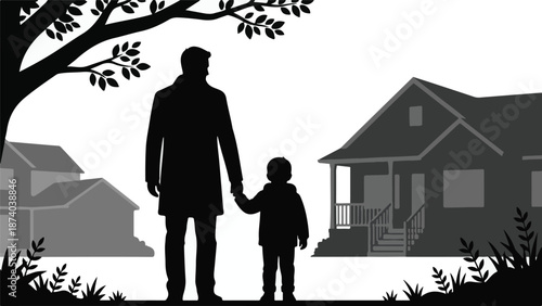 Father and child holding hands, standing near homes and a tree, minimalist style