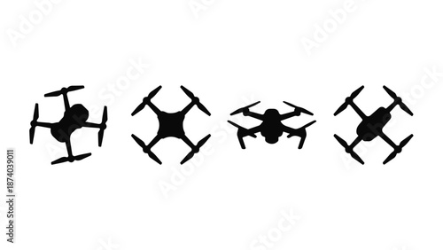 Four black drone quadcopter silhouettes on white background for technology