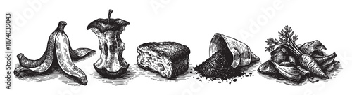 A collection of food waste, including a banana peel, apple core, bread crust, soil, and carrot tops, rendered in a vintage engraving style on a white background.