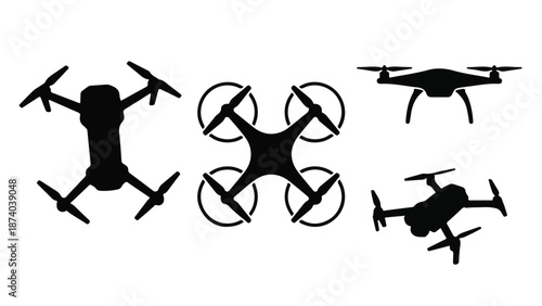 Set of drone silhouettes in various views, quadcopter technology icons