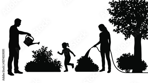 Silhouettes of a family gardening outdoors with plants and trees