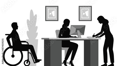 Inclusive office team working together, minimalist silhouette illustration